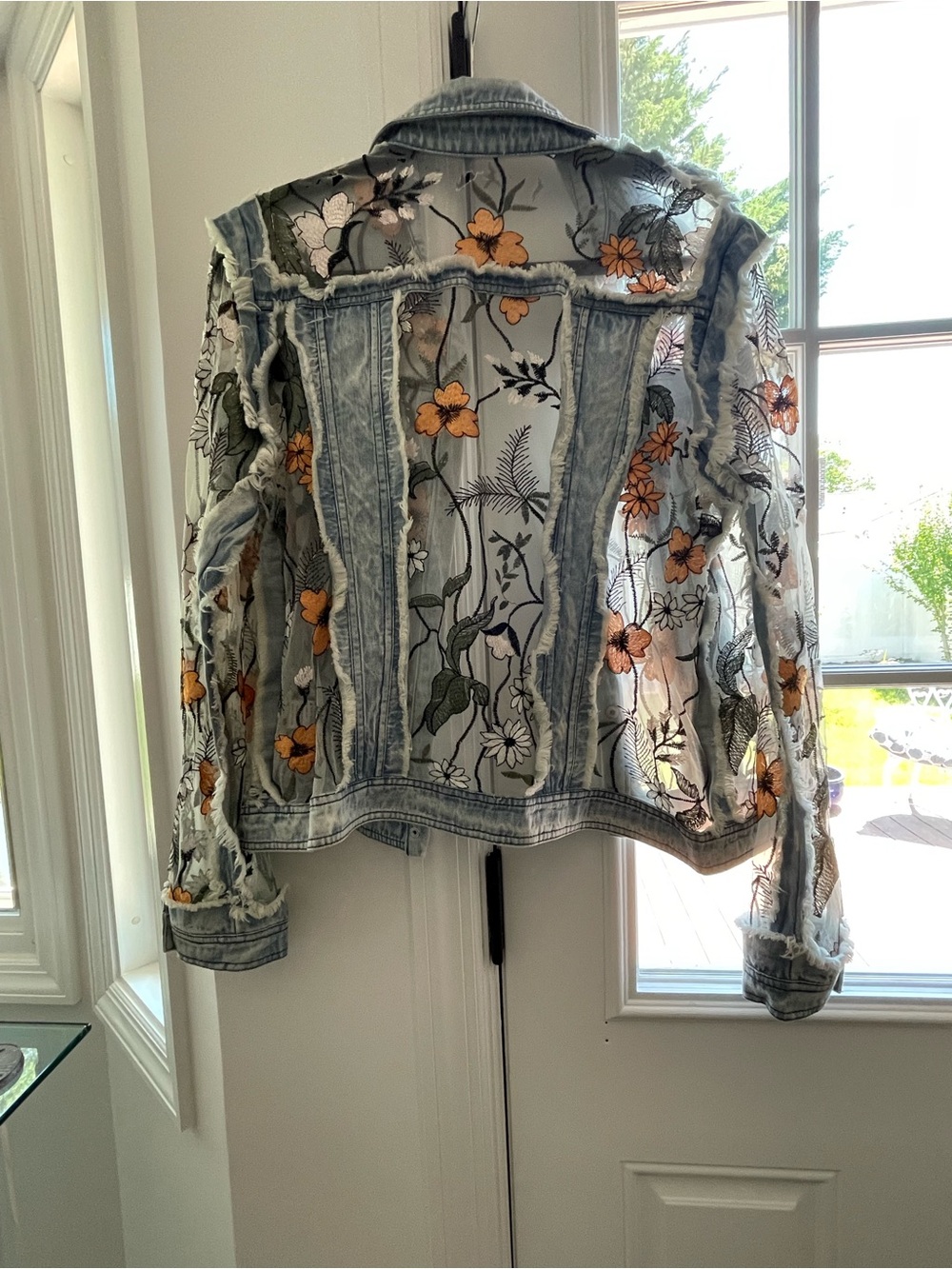 Adore Denim Sheer Mesh Jean Floral Embroidery Jacket Unique!